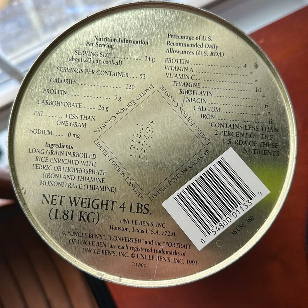 Vintage Uncle Ben’s Rice Blue and Orange Tin featuring the 1992 Winter Olympics